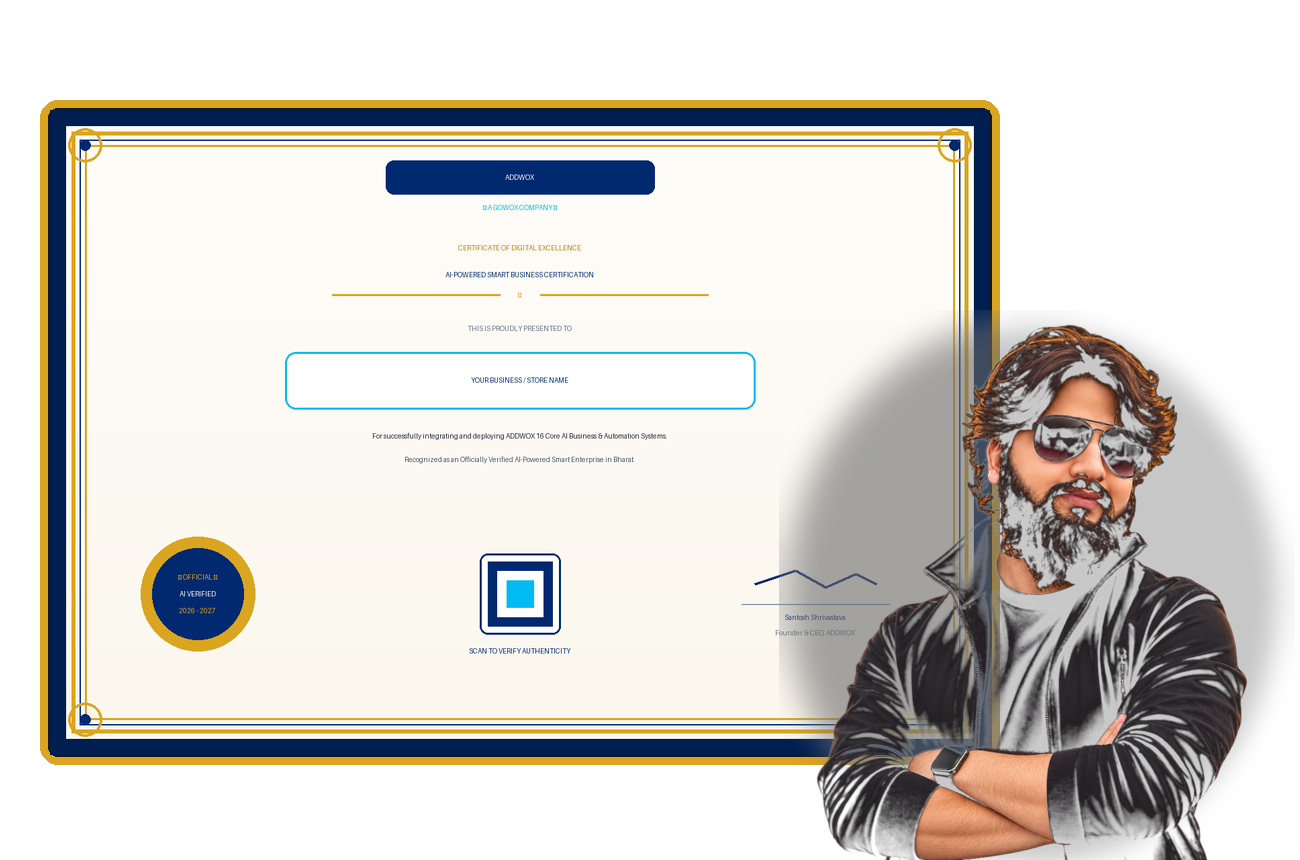 ADDWOX AI Certified Business Award and Certificate by Founder Santosh Shrivastava